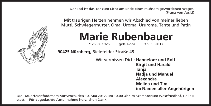  Traueranzeige für Marie Rubenbauer vom 08.05.2017 aus Gesamtausgabe Nürnberger Nachrichten/ Nürnberger Ztg.