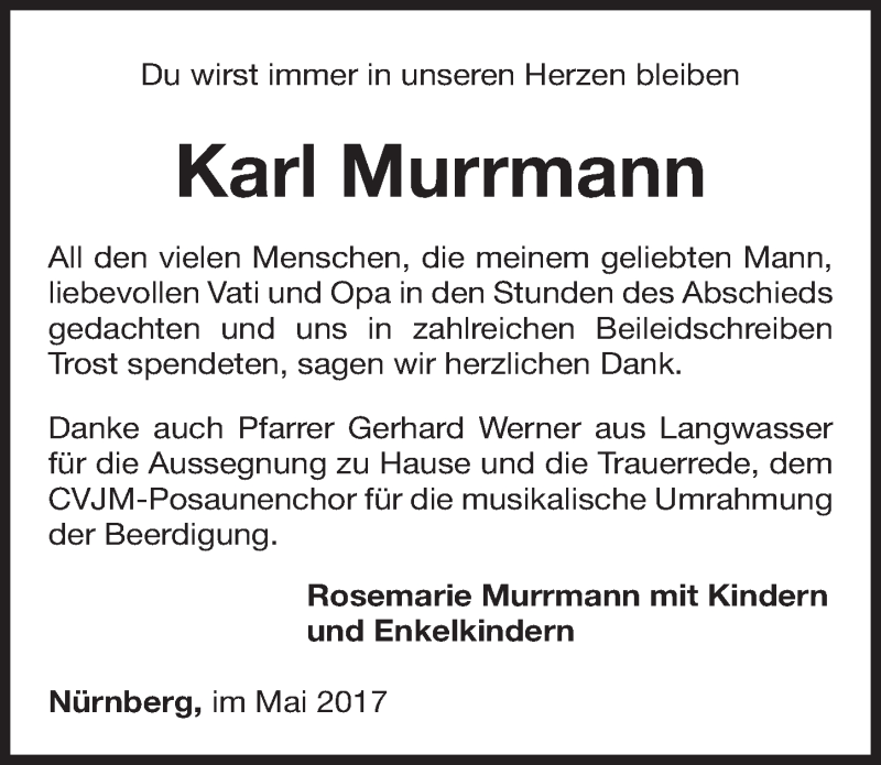  Traueranzeige für Karl Murrmann vom 27.05.2017 aus Gesamtausgabe Nürnberger Nachrichten/ Nürnberger Ztg.