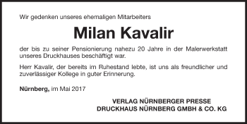 Traueranzeige von Milan Kavalir von Gesamtausgabe Nürnberger Nachrichten/ Nürnberger Ztg.