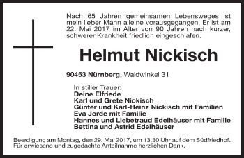 Traueranzeige von Helmut Nickisch von Gesamtausgabe Nürnberger Nachrichten/ Nürnberger Ztg.