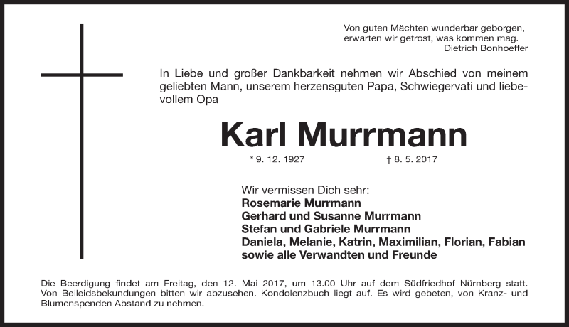  Traueranzeige für Karl Murrmann vom 10.05.2017 aus Gesamtausgabe Nürnberger Nachrichten/ Nürnberger Ztg.