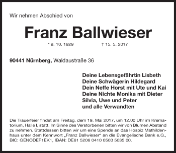 Traueranzeige von Franz Ballwieser von Gesamtausgabe Nürnberger Nachrichten/ Nürnberger Ztg.