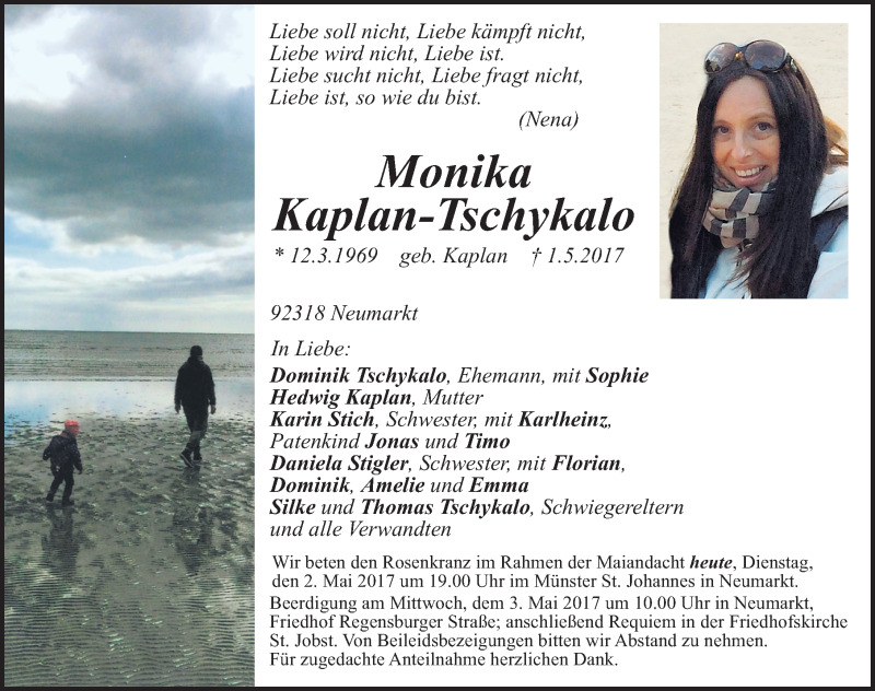  Traueranzeige für Monika Kaplan-Tschykalo vom 02.05.2017 aus Neumarkter Nachrichten Lokal