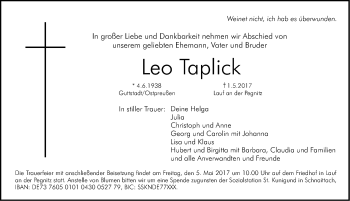 Traueranzeige von Leo Taplick von Gesamtausgabe Nürnberger Nachrichten/ Nürnberger Ztg.