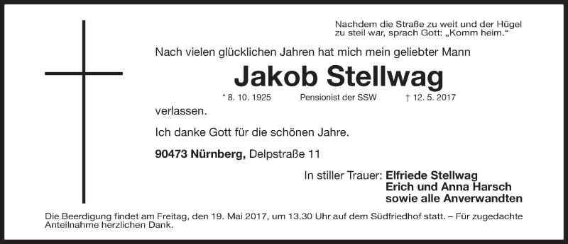  Traueranzeige für Jakob Stellwag vom 17.05.2017 aus Gesamtausgabe Nürnberger Nachrichten/ Nürnberger Ztg.