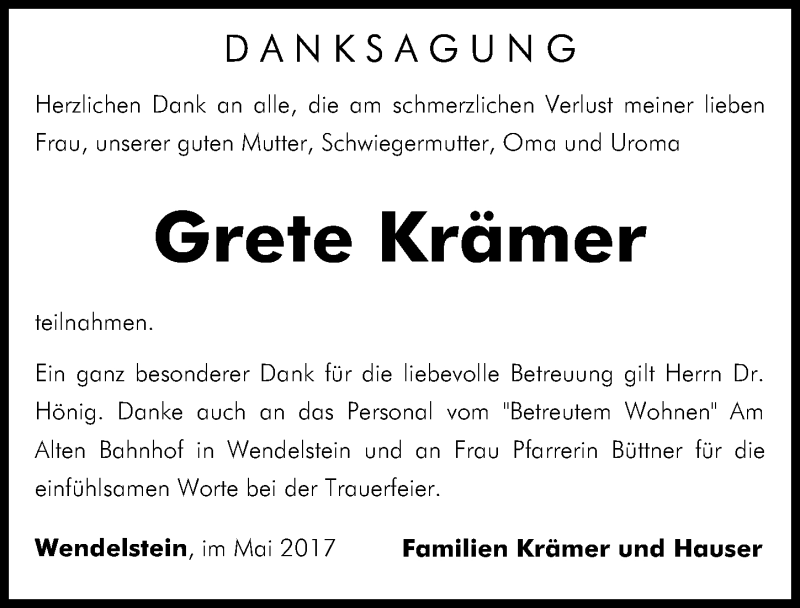  Traueranzeige für Grete Krämer vom 27.05.2017 aus Gesamtausgabe Nürnberger Nachrichten/ Nürnberger Ztg.