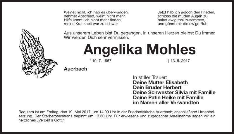  Traueranzeige für Angelika Mohles vom 15.05.2017 aus Nordbayerische Nachrichten Pegnitz Lokal