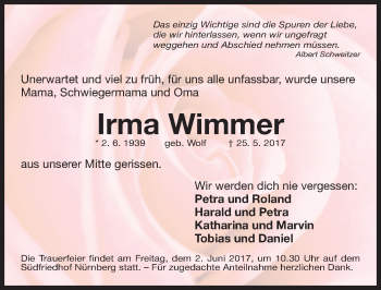 Traueranzeige von Irma Wimmer von Gesamtausgabe Nürnberger Nachrichten/ Nürnberger Ztg.