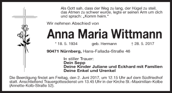 Traueranzeige von Anna Wittmann von Gesamtausgabe Nürnberger Nachrichten/ Nürnberger Ztg.