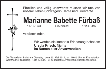 Traueranzeige von Marianne Babette Fürbaß von Gesamtausgabe Nürnberger Nachrichten/ Nürnberger Ztg.