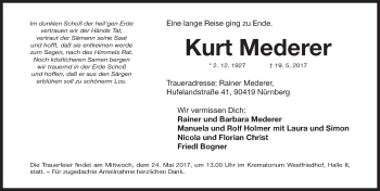 Traueranzeige von Kurt Mederer von Gesamtausgabe Nürnberger Nachrichten/ Nürnberger Ztg.