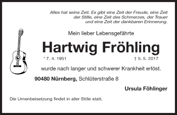 Traueranzeige von Hartwig Fröhling von Gesamtausgabe Nürnberger Nachrichten/ Nürnberger Ztg.