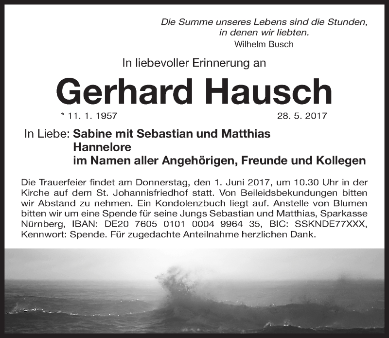  Traueranzeige für Gerhard Hausch vom 31.05.2017 aus Gesamtausgabe Nürnberger Nachrichten/ Nürnberger Ztg.