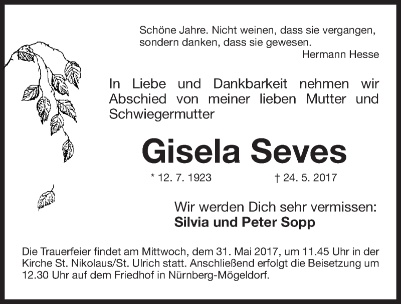  Traueranzeige für Gisela Seves vom 27.05.2017 aus Gesamtausgabe Nürnberger Nachrichten/ Nürnberger Ztg.