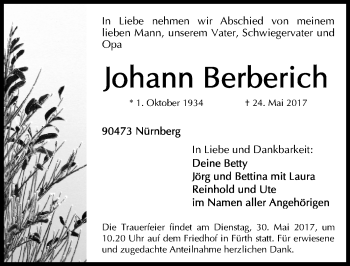 Traueranzeige von Johann Berberich von Gesamtausgabe Nürnberger Nachrichten/ Nürnberger Ztg.