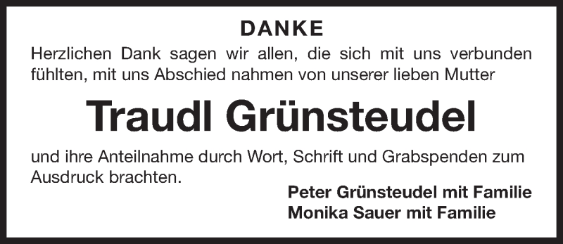  Traueranzeige für Gertraud Grünsteudel vom 13.05.2017 aus Gesamtausgabe Nürnberger Nachrichten/ Nürnberger Ztg.