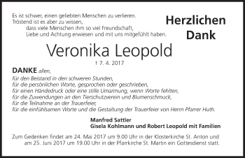 Traueranzeige von Veronika Leopold von Nordbayerische Nachrichten Forchheim Lokal