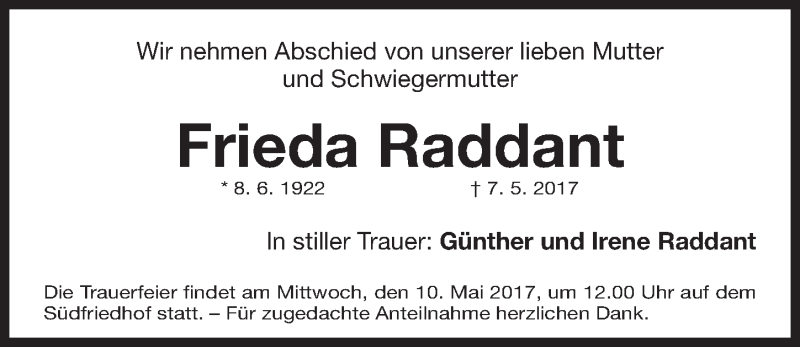  Traueranzeige für Frieda Raddant vom 08.05.2017 aus Gesamtausgabe Nürnberger Nachrichten/ Nürnberger Ztg.