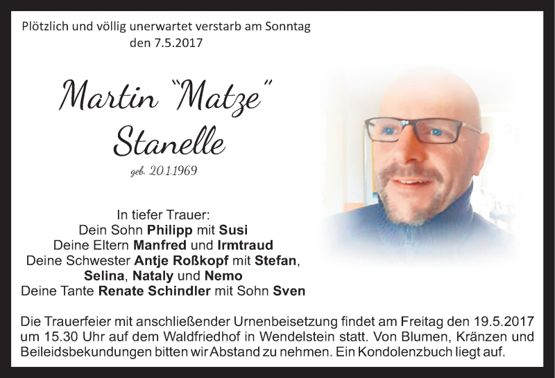  Traueranzeige für Martin Stanelle vom 17.05.2017 aus Gesamtausgabe Nürnberger Nachrichten/ Nürnberger Ztg.