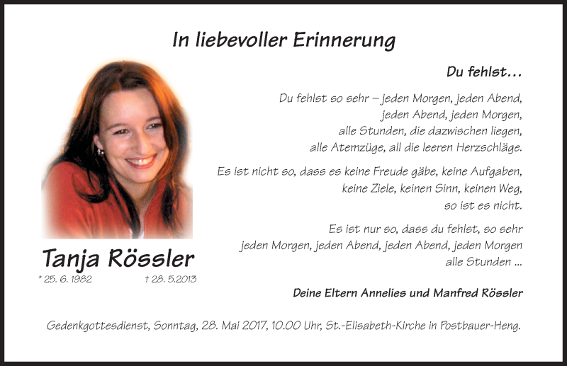  Traueranzeige für Tanja Rössler vom 25.05.2017 aus Neumarkter Nachrichten Lokal