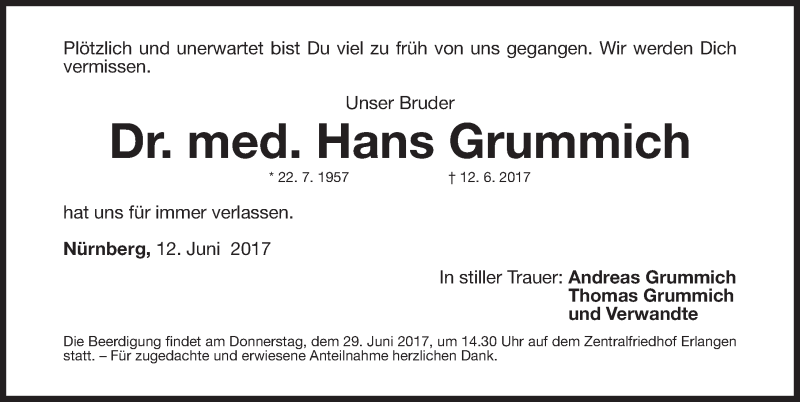 Traueranzeige für Hans Grummich vom 24.06.2017 aus Gesamtausgabe Nürnberger Nachrichten/ Nürnberger Ztg.