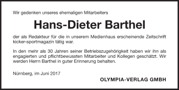 Traueranzeige von Hans-Dieter Barthel von Gesamtausgabe Nürnberger Nachrichten/ Nürnberger Ztg.