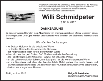 Traueranzeige von Willi Schmidpeter von Roth-Hilpoltsteiner Volkszeitung Lokal
