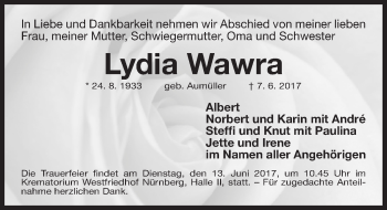 Traueranzeige von Lydia Wawra von Gesamtausgabe Nürnberger Nachrichten/ Nürnberger Ztg.