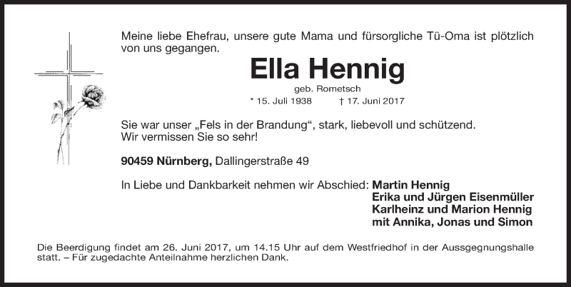  Traueranzeige für Hennig Ella vom 23.06.2017 aus Gesamtausgabe Nürnberger Nachrichten/ Nürnberger Ztg.