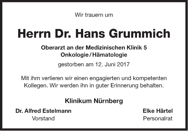  Traueranzeige für Hans Grummich vom 17.06.2017 aus Gesamtausgabe Nürnberger Nachrichten/ Nürnberger Ztg.