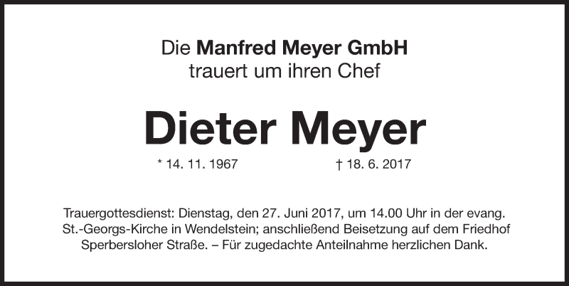  Traueranzeige für Dieter Meyer vom 24.06.2017 aus Gesamtausgabe Nürnberger Nachrichten/ Nürnberger Ztg.