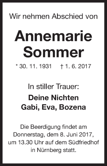 Traueranzeige von Annemarie Sommer von Gesamtausgabe Nürnberger Nachrichten/ Nürnberger Ztg.