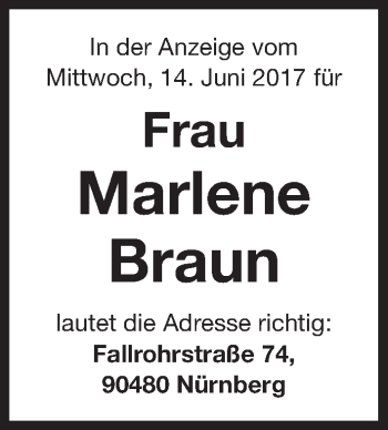 Traueranzeige von Marlene Braun von Gesamtausgabe Nürnberger Nachrichten/ Nürnberger Ztg.