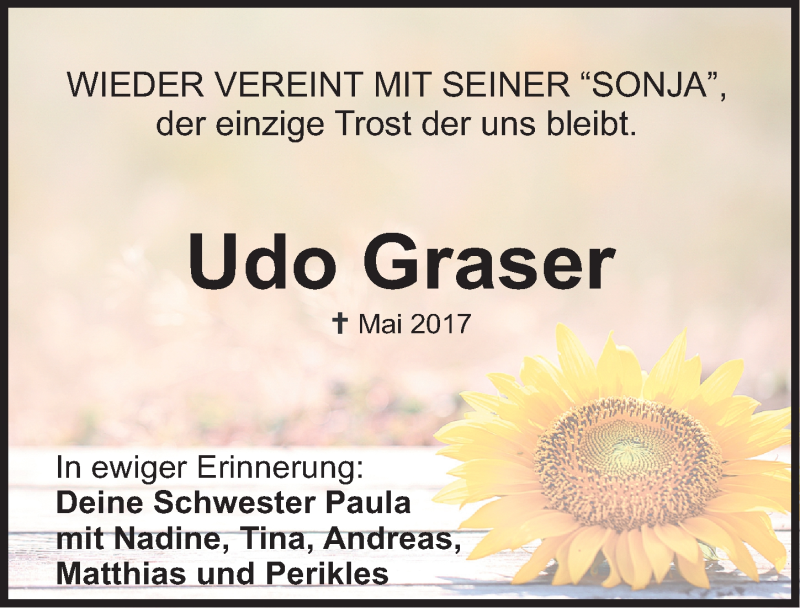  Traueranzeige für Udo Graser vom 02.06.2017 aus Nordbayerische Nachrichten Herzogenaurach Lokal