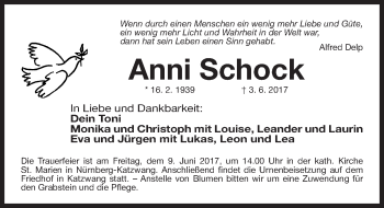 Traueranzeige von Anni Schock von Gesamtausgabe Nürnberger Nachrichten/ Nürnberger Ztg.