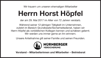 Traueranzeige von Horst Höpfel von Gesamtausgabe Nürnberger Nachrichten/ Nürnberger Ztg.