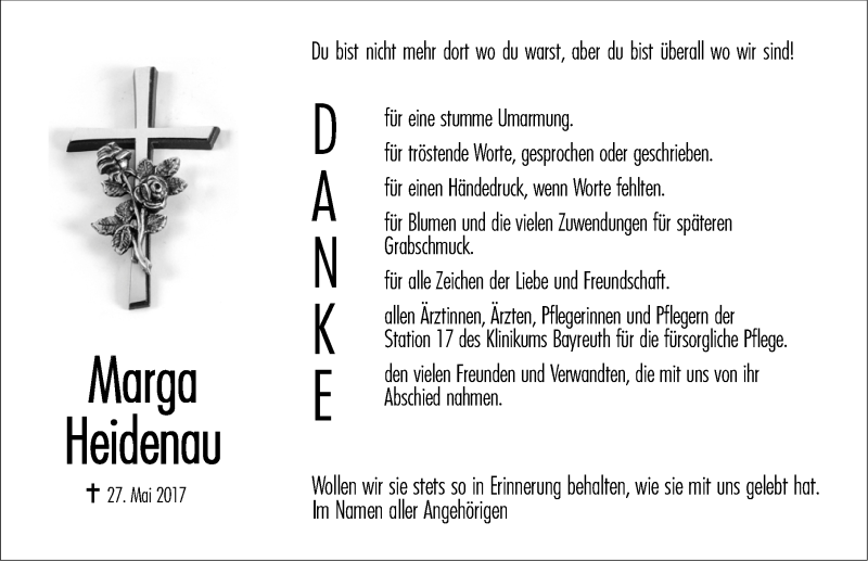  Traueranzeige für Marga Heidenau vom 10.06.2017 aus Nordbayerische Nachrichten Pegnitz Lokal