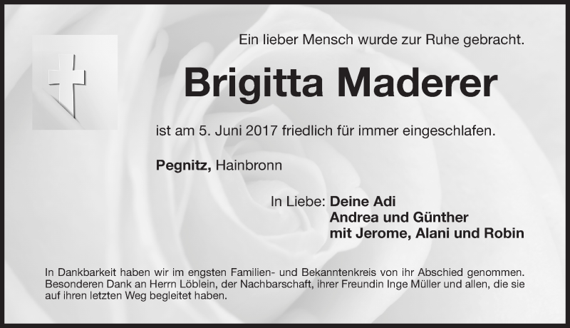  Traueranzeige für Brigitta Maderer vom 17.06.2017 aus Nordbayerische Nachrichten Pegnitz Lokal