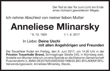 Traueranzeige von Anneliese Mlinarsky von Gesamtausgabe Nürnberger Nachrichten/ Nürnberger Ztg.