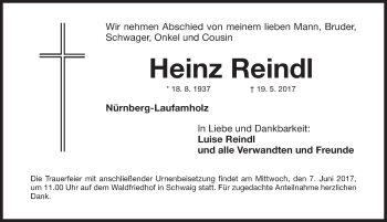 Traueranzeige von Heinz Reindl von Gesamtausgabe Nürnberger Nachrichten/ Nürnberger Ztg.