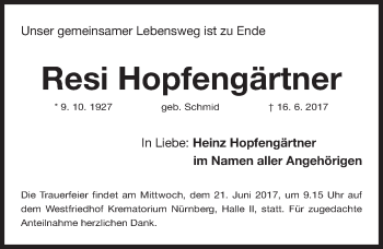 Traueranzeige von Resi Hopfengärtner von Gesamtausgabe Nürnberger Nachrichten/ Nürnberger Ztg.