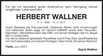 Traueranzeige von Herbert Wallner von Gesamtausgabe Nürnberger Nachrichten/ Nürnberger Ztg./ Fürther Nachrichten