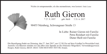 Traueranzeige von Ruth Gieron von Gesamtausgabe Nürnberger Nachrichten/ Nürnberger Ztg.