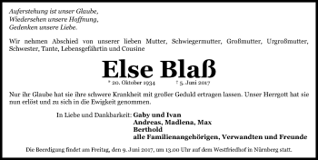 Traueranzeige von Else Blaß von Fürther Nachrichten Lokal