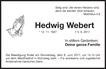 Traueranzeige von Hedwig Webert von Gesamtausgabe Nürnberger Nachrichten/ Nürnberger Ztg.