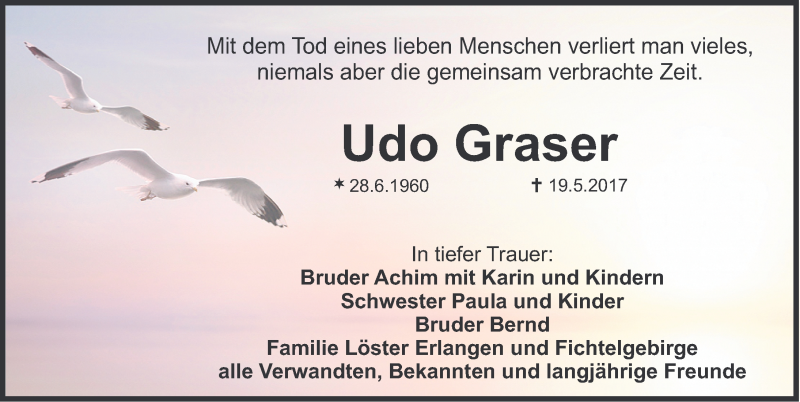  Traueranzeige für Udo Graser vom 02.06.2017 aus Erlanger Nachrichten Lokal