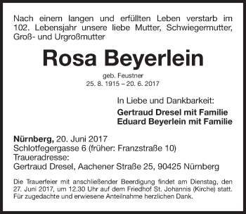 Traueranzeige von Rosa Beyerlein von Gesamtausgabe Nürnberger Nachrichten/ Nürnberger Ztg.