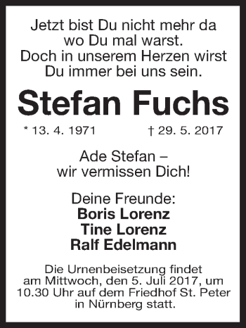 Traueranzeige von Stefan Fuchs von Gesamtausgabe Nürnberger Nachrichten/ Nürnberger Ztg.