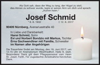 Traueranzeige von Josef Schmid von Gesamtausgabe Nürnberger Nachrichten/ Nürnberger Ztg.