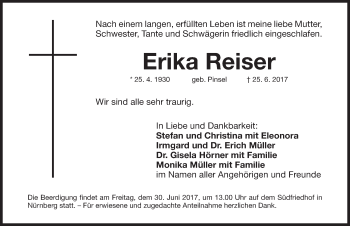 Traueranzeige von Erika Reiser von Gesamtausgabe Nürnberger Nachrichten/ Nürnberger Ztg.